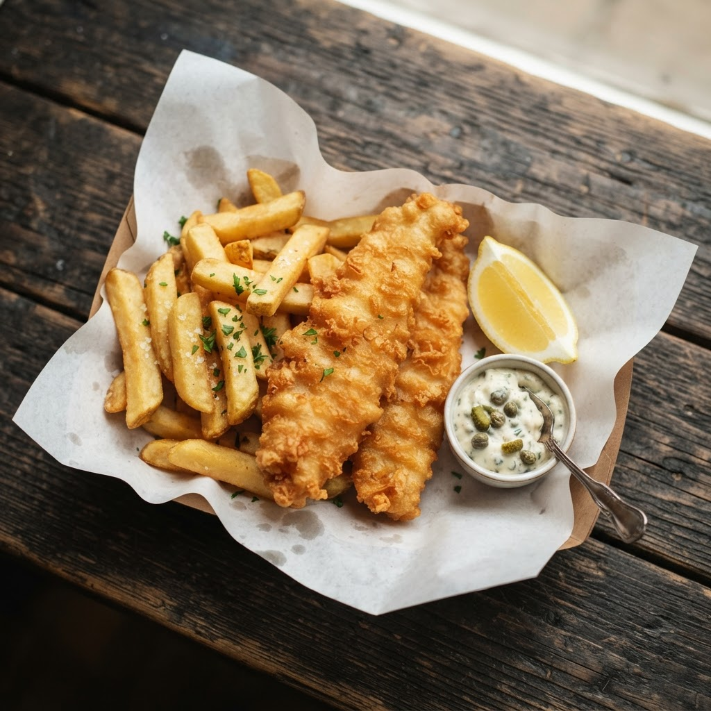 Freshly fried golden fish and chips served hot in takeaway paper