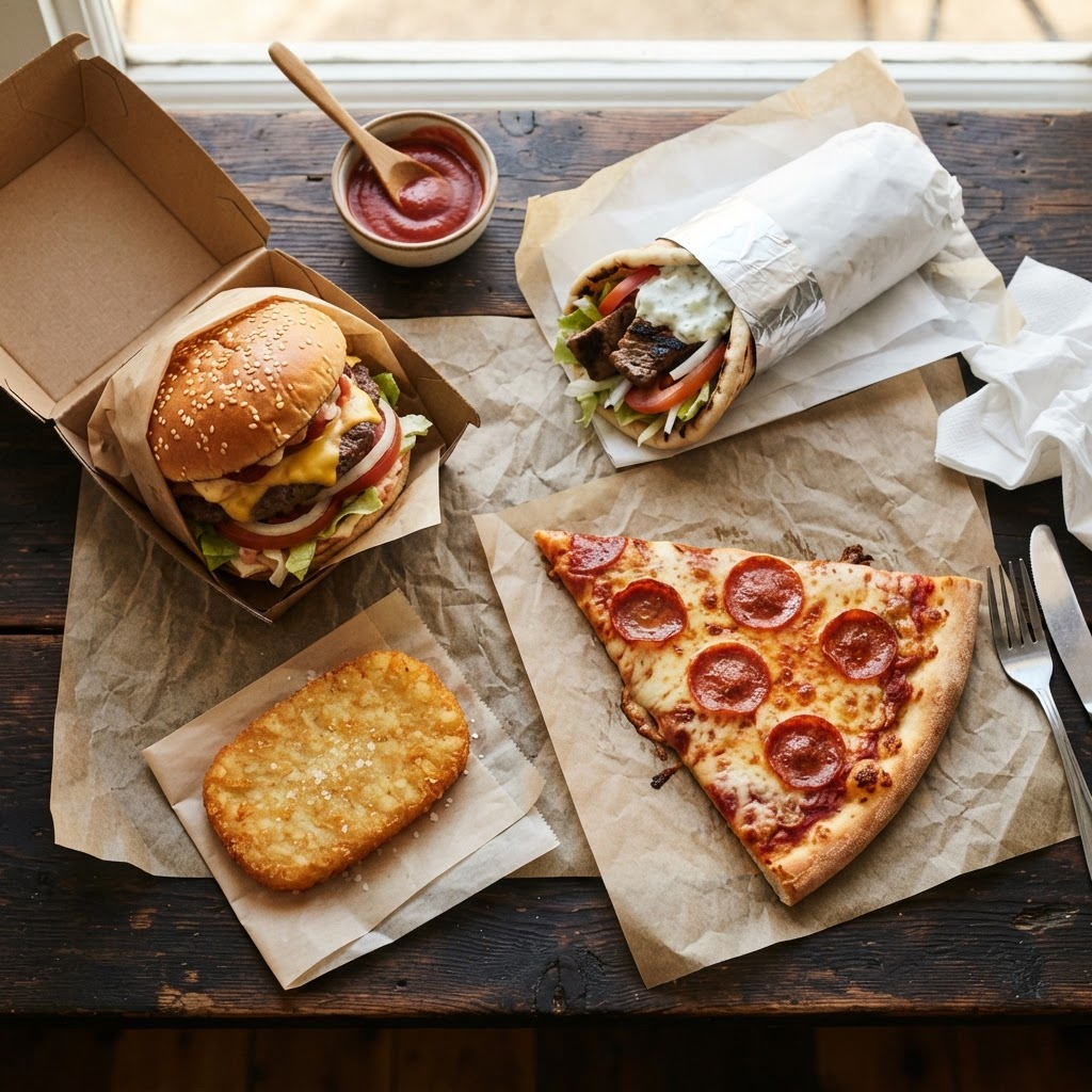 A spread of Australian takeaway food including a burger, pizza, souvlaki and potato cakes
